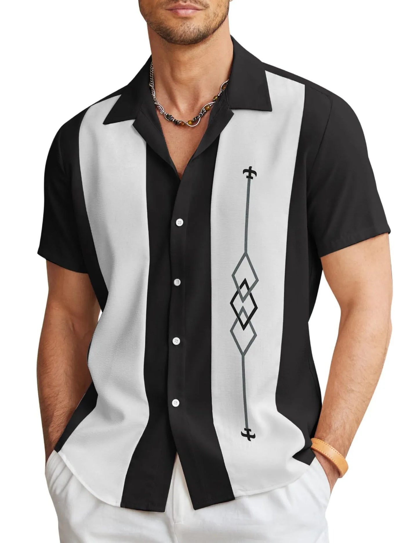 Man wearing a slim fit, short sleeve Hawaiian shirt with a digital print pattern in a casual setting