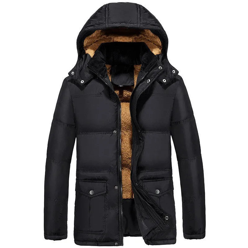 Men's black loose-fit hooded velvet winter jacket with a double-breasted front.