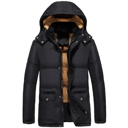 Men's black loose-fit hooded velvet winter jacket with a double-breasted front.