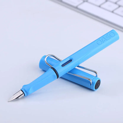 A 0.5mm ink sac pen with a steel nib, plastic shell, and ink bag cartridge visible.