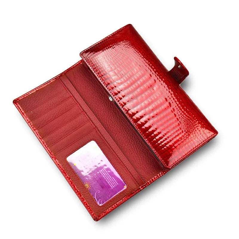 Women's patent leather coin purse with crocodile pattern in red colour option