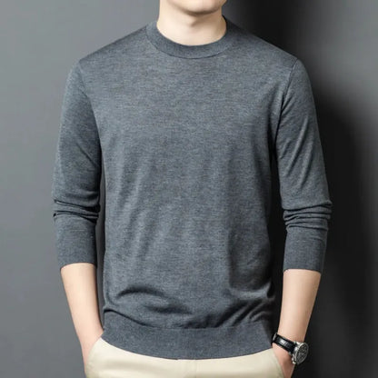 Men's round neck long sleeve pullover sweater in a Mulberry Silk and Wool blend for winter.