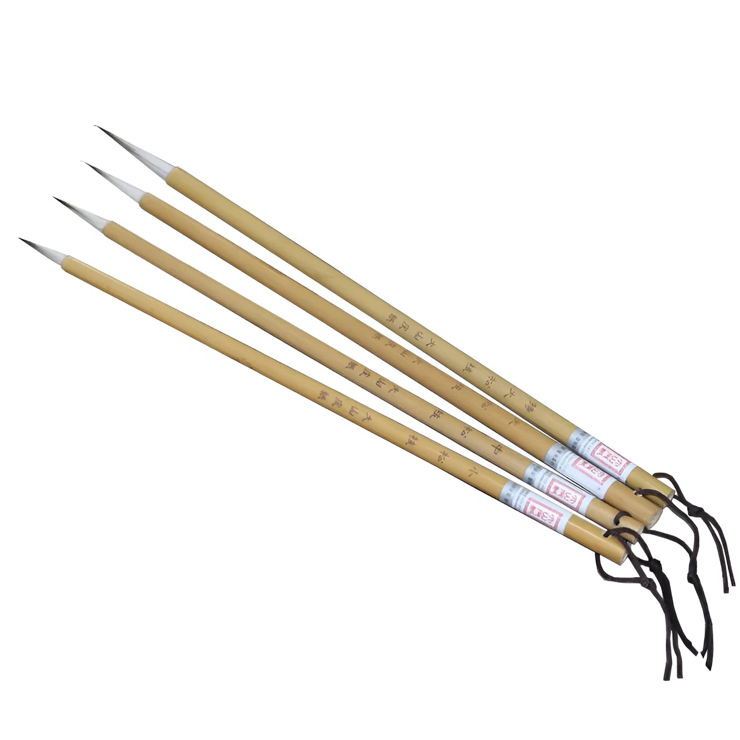 Four traditional writing brushes with gold bodies, wolf wool hair, and pine branch colour
