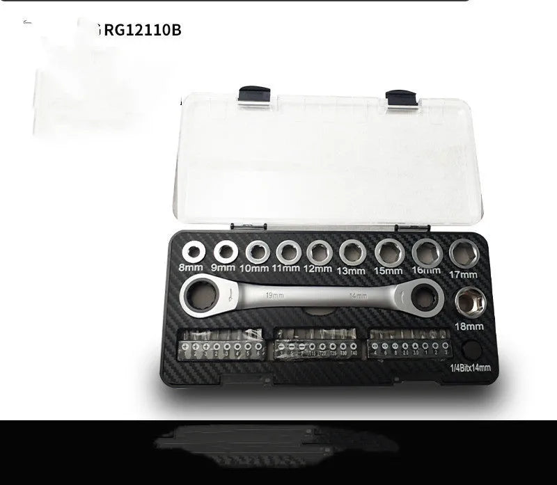 Dual-purpose ratchet wrench and screwdriver tool set with sockets and bit heads laid out