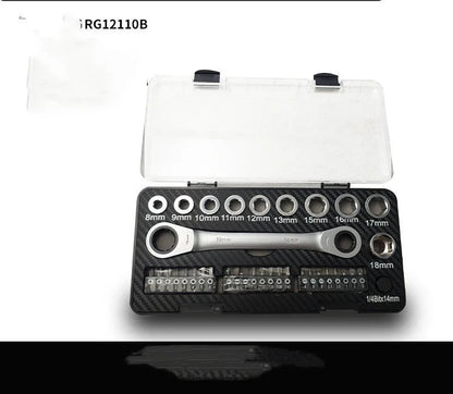 Dual-purpose ratchet wrench and screwdriver tool set with sockets and bit heads laid out
