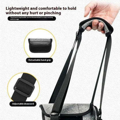 Grey neoprene recovery support belt for a dog's rear legs, showing adjustable waist and thigh straps.