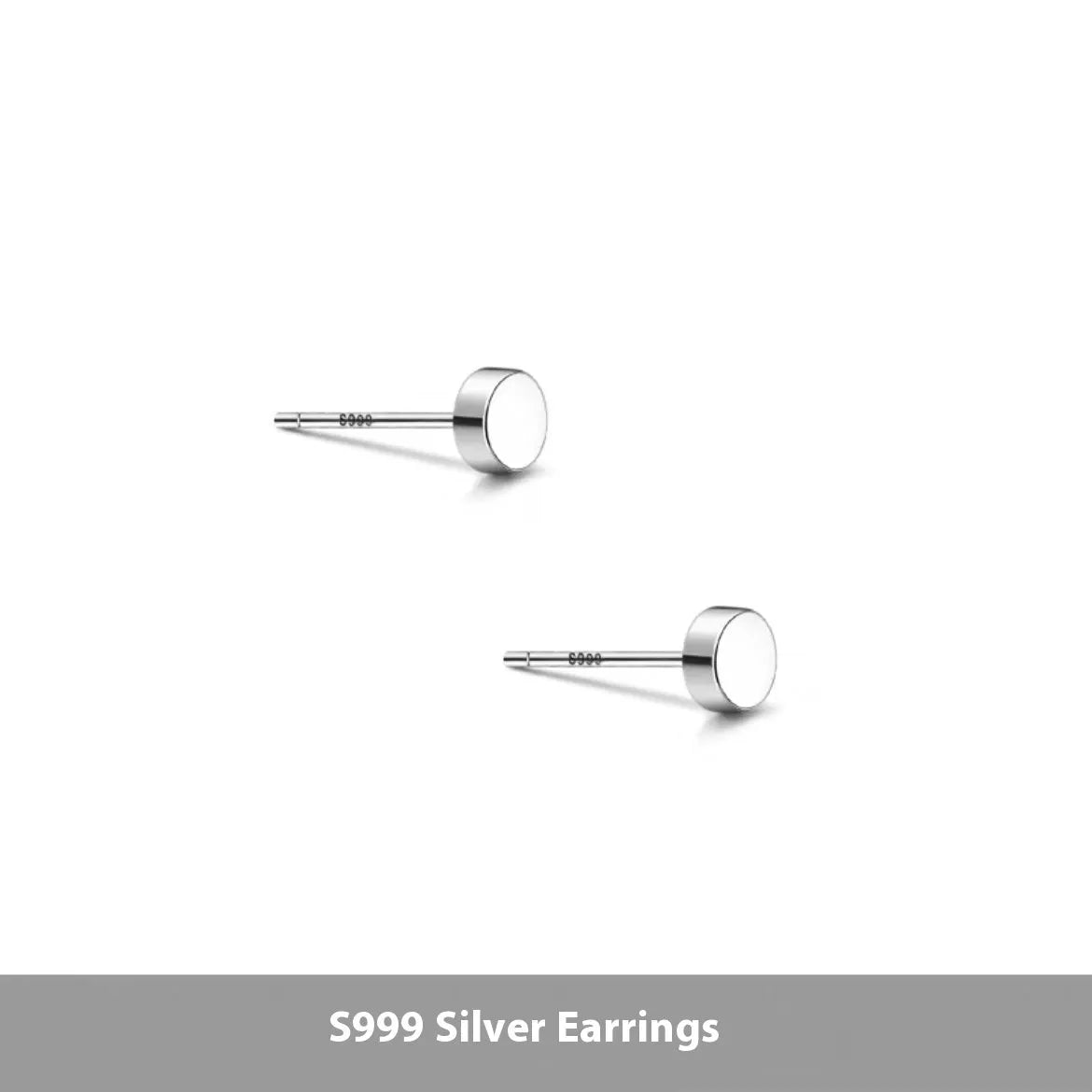 S999 sterling silver round flat bone stud earrings in silver or black, showing size range from 3mm to 8mm.