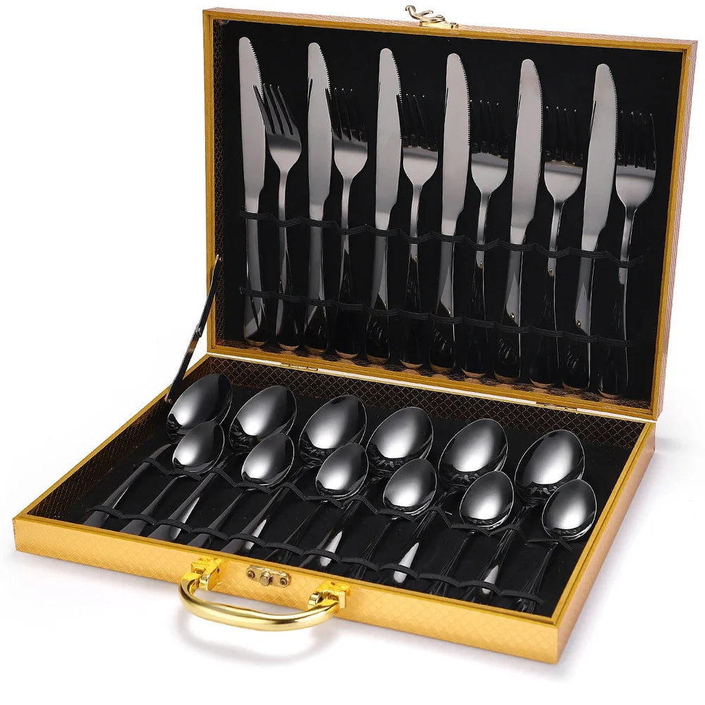 24-piece 18/10 stainless steel cutlery set in silver finish with knives, forks, spoons for six, optional wood box storage