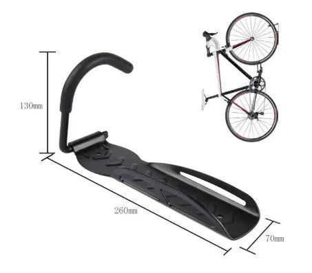 Black stainless steel wall mount bike rack with sponge-covered hook, 260x130x70mm, 30 kg capacity