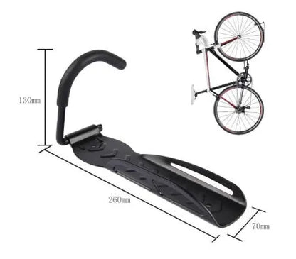 Black stainless steel wall mount bike rack with sponge-covered hook, 260x130x70mm, 30 kg capacity