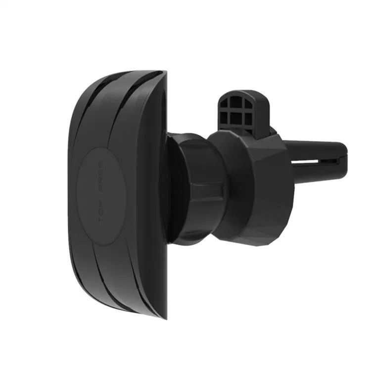 Matte black car phone holder clipped onto a car air vent
