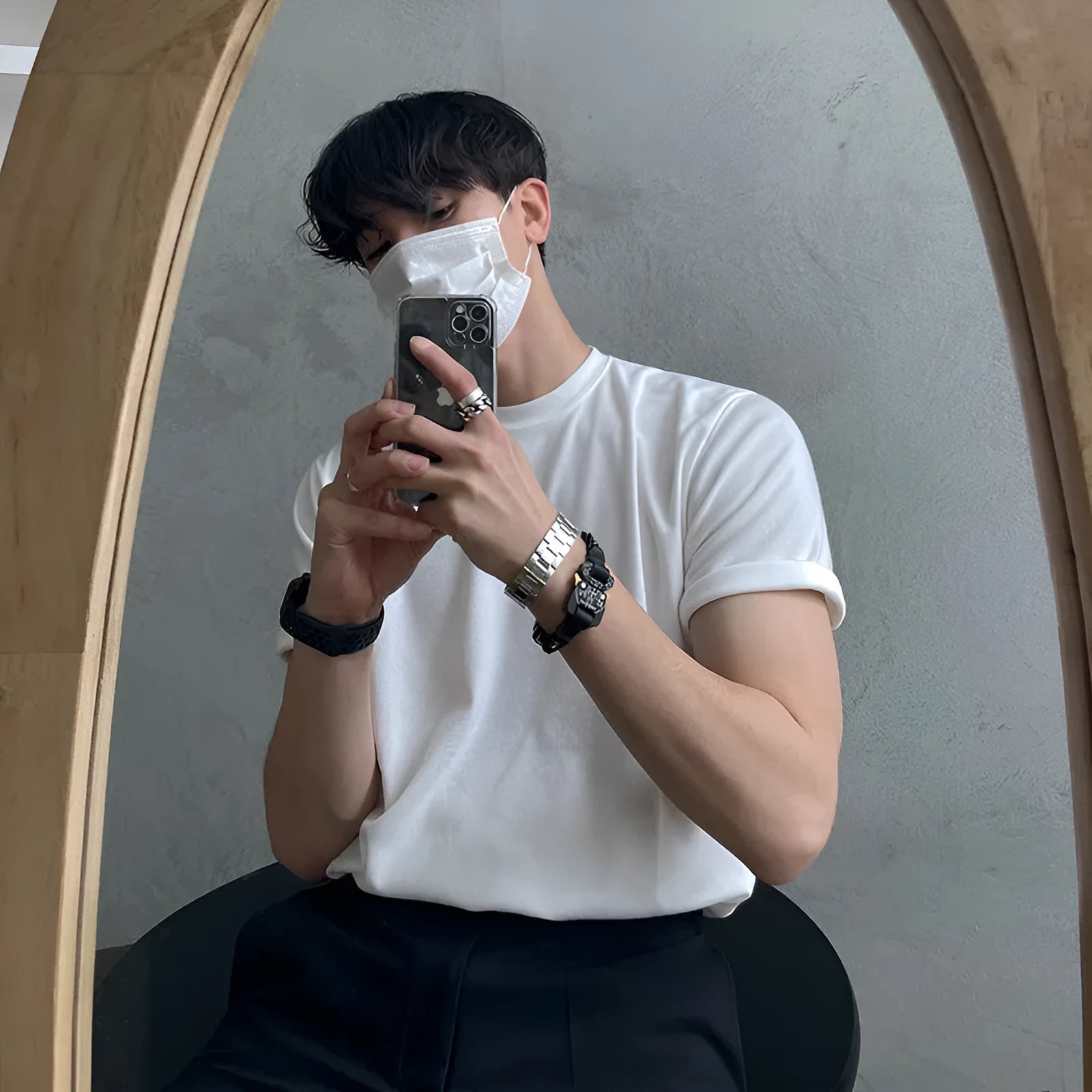 Men's slim-fit cotton half-sleeve T-shirt in black and white colours on a size chart.