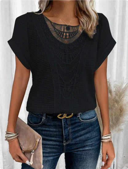 A stylish and comfortable short-sleeve t-shirt for women, featuring a unique hollowed-out design and breathable polyester fabric.
