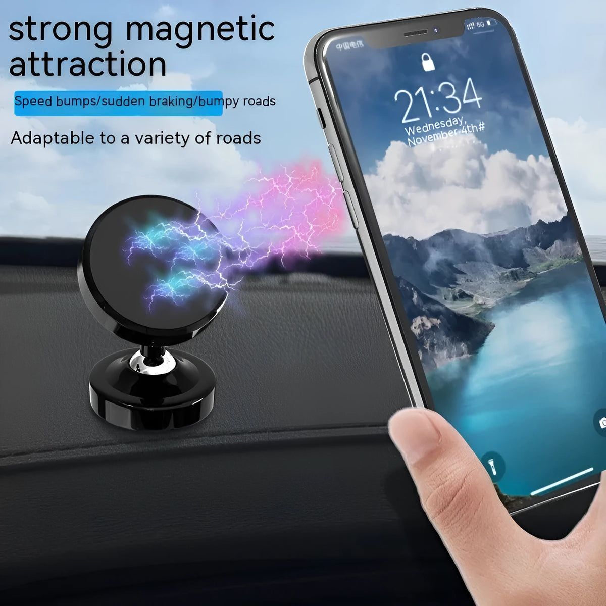 Zinc alloy dot magnetic car phone holder mounted on a car air vent.