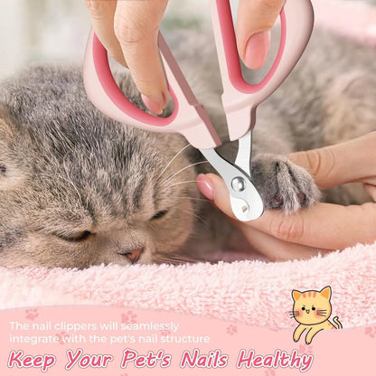 Blue cat nail clipper with a round safety-guide hole and stainless steel blade on a non-slip handle.