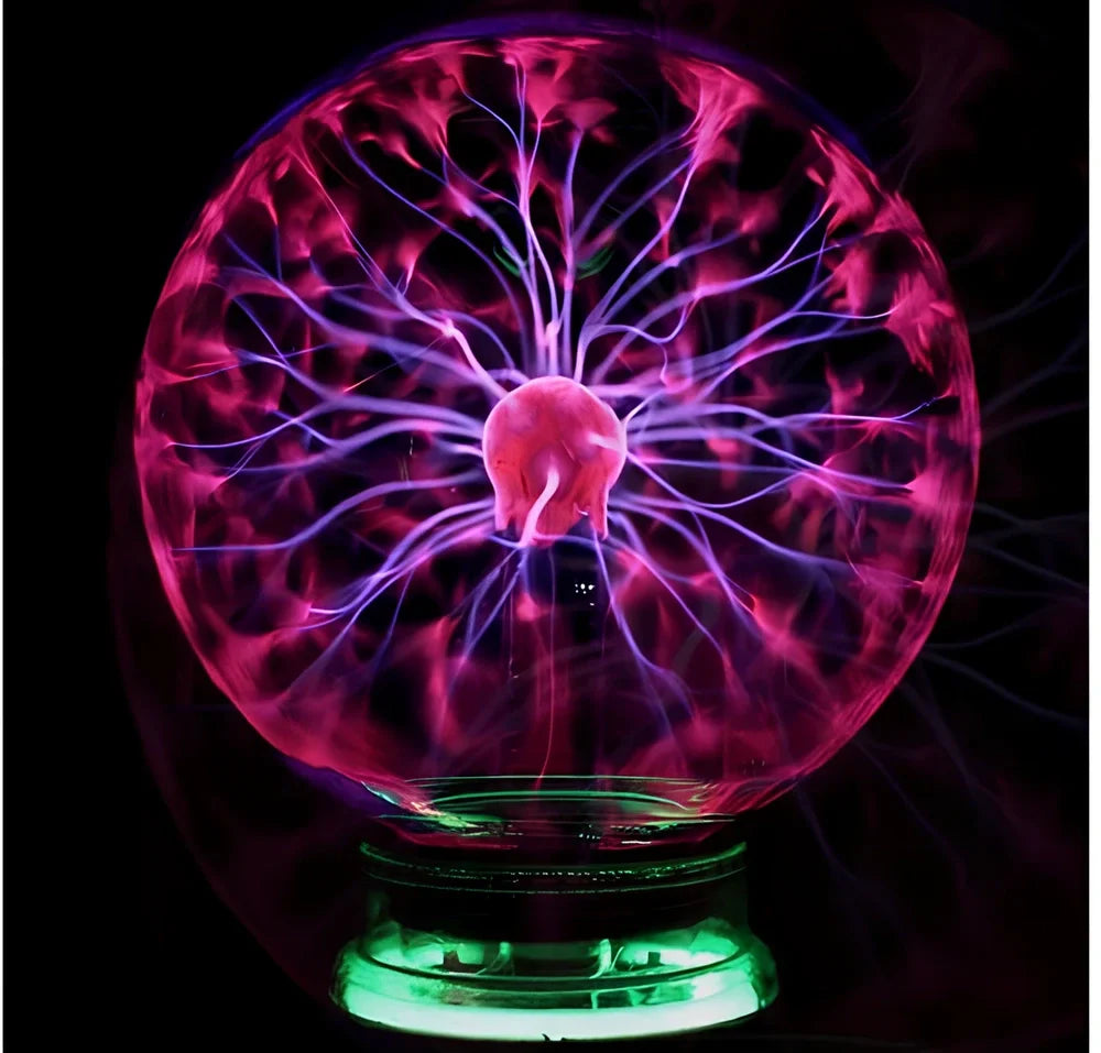 Plasma lightning ball with electrostatic induction showing colourful electrical discharges on glass surface