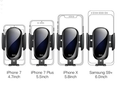 Universal smart car phone bracket with adjustable arm and 360-degree rotation in black, blue, and silvery colours.
