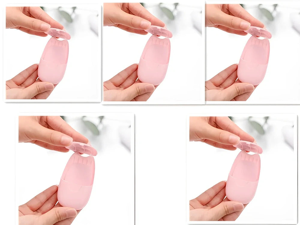 Pack of 50 pink biodegradable soap paper sheets in ABS carton, 8cm x 4.5cm each for portable cleaning