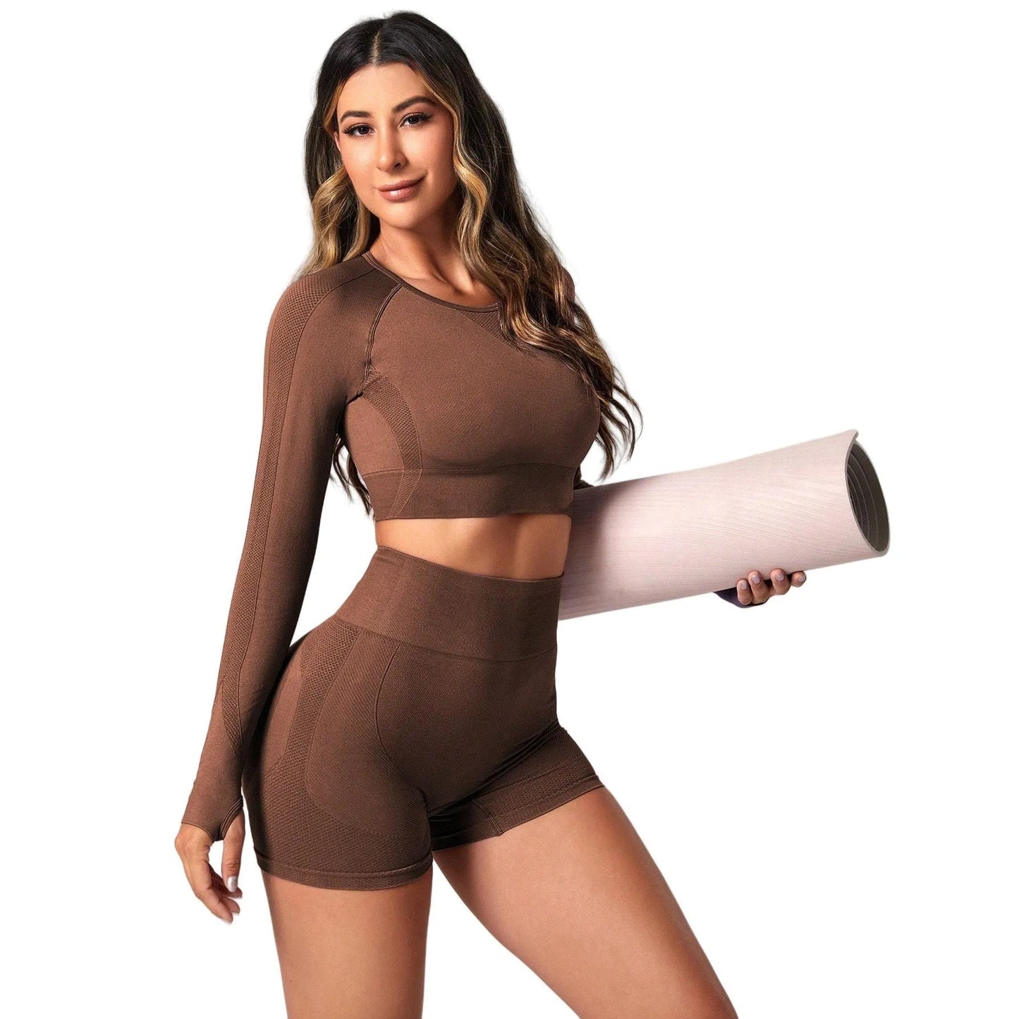 Women's high waist yoga suit in black colour showing long sleeve top and matching leggings