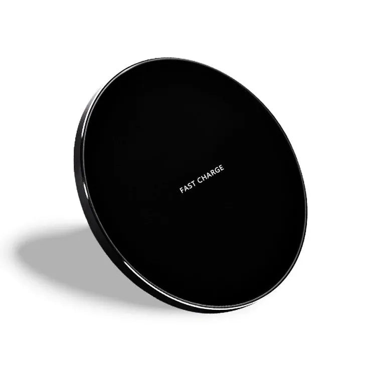 Ultra-thin square aluminium wireless charging pad in black, red, white, or yellow.
