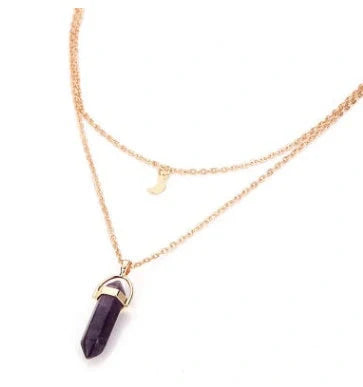 Elegant natural stone hexagonal necklace with double moon and crescent pendant in various colours