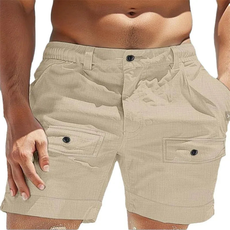 Men's linen elastic waist shorts with button pocket in straight fit white or khaki colours
