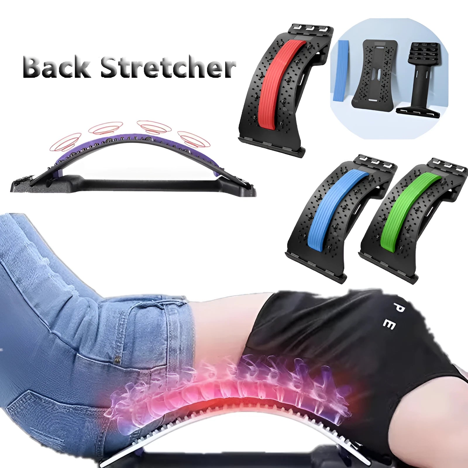 Adjustable back stretcher massager with multiple massage heads for lumbar spine pain relief