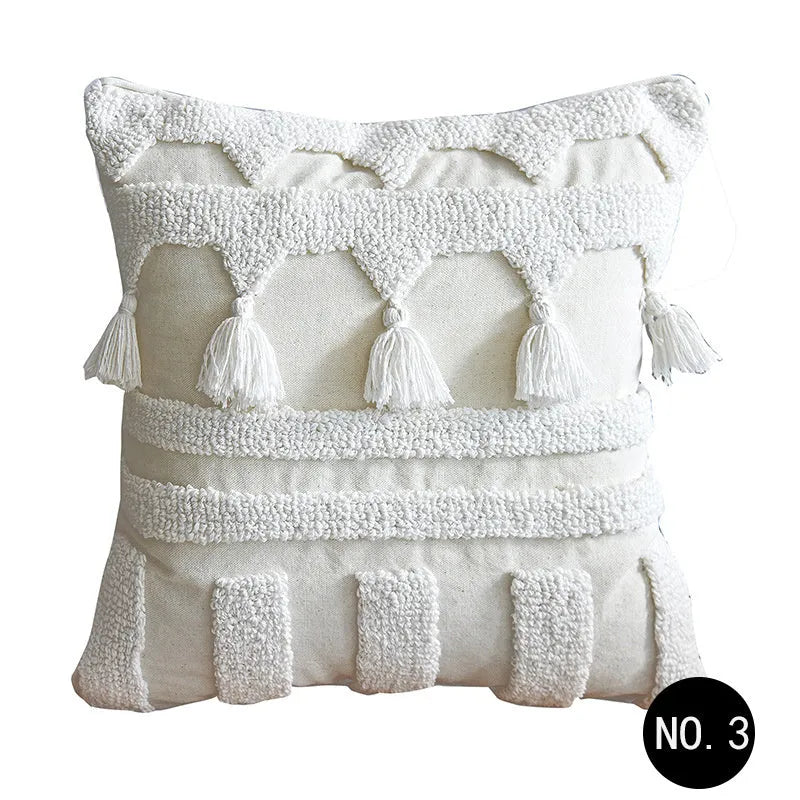 Nordic style tufted geometric throw pillow cover in cotton linen blend on a grey sofa