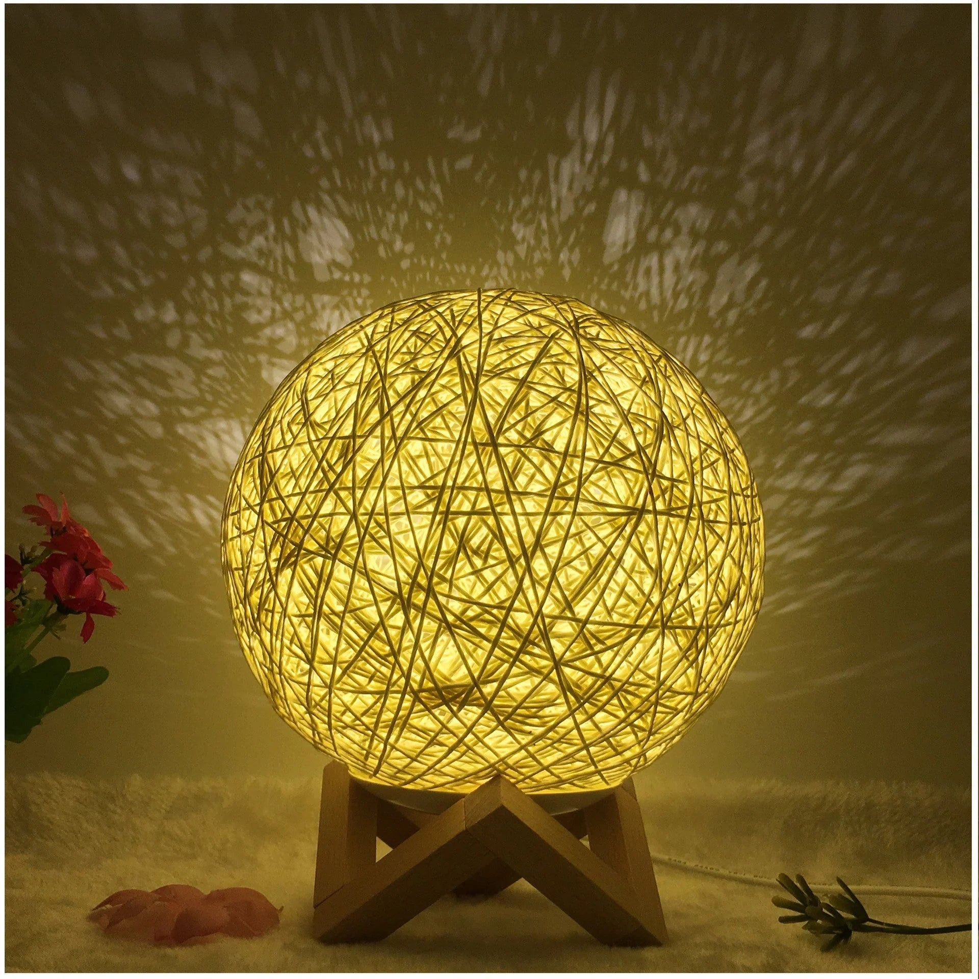 LED rattan table lamp with hand-knit linen shade in various colours