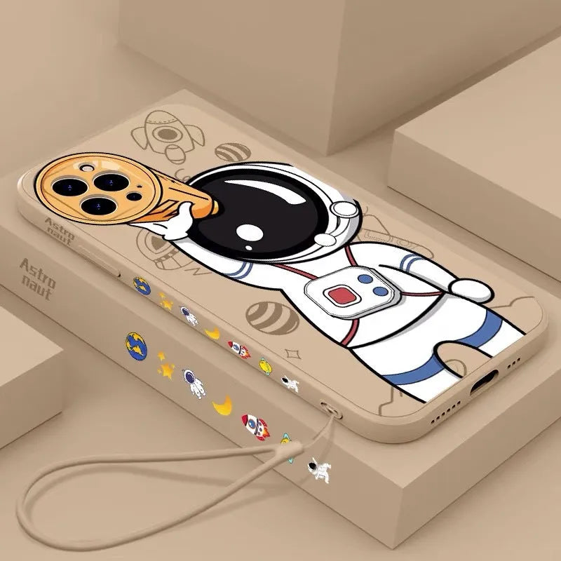 Silicone iPhone case with a cartoon astronaut and starry sky planet design.