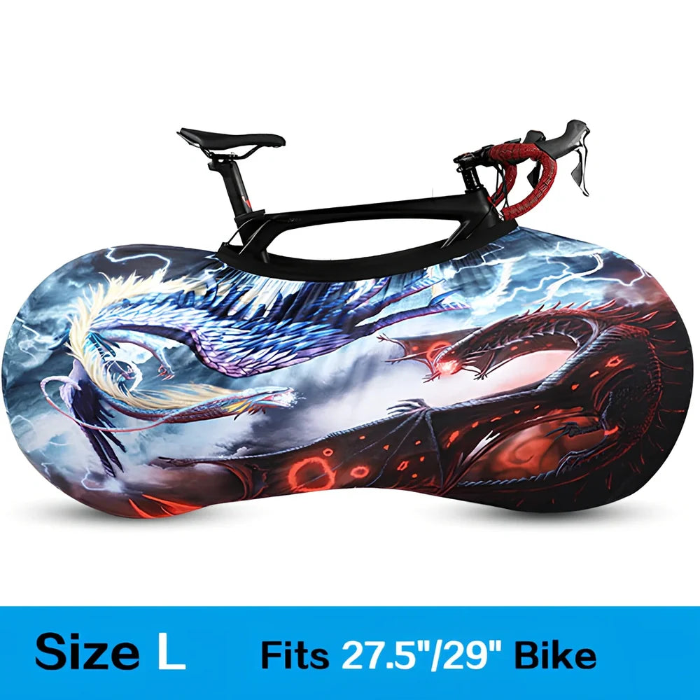 Black polyester-spandex bicycle wheel dust cover, 149cm length, adjustable 48-58cm height for 24-29 inch wheels