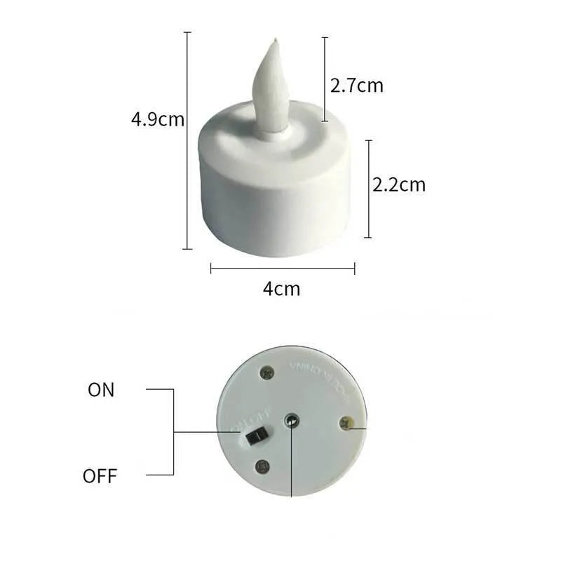 White plastic USB rechargeable LED candle with yellow flashing light mode, measuring 5.5cm tall