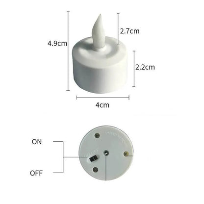 White plastic USB rechargeable LED candle with yellow flashing light mode, measuring 5.5cm tall