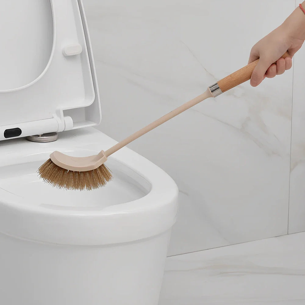 Wooden handle toilet brush with 360-degree bristle coverage for complete toilet cleaning