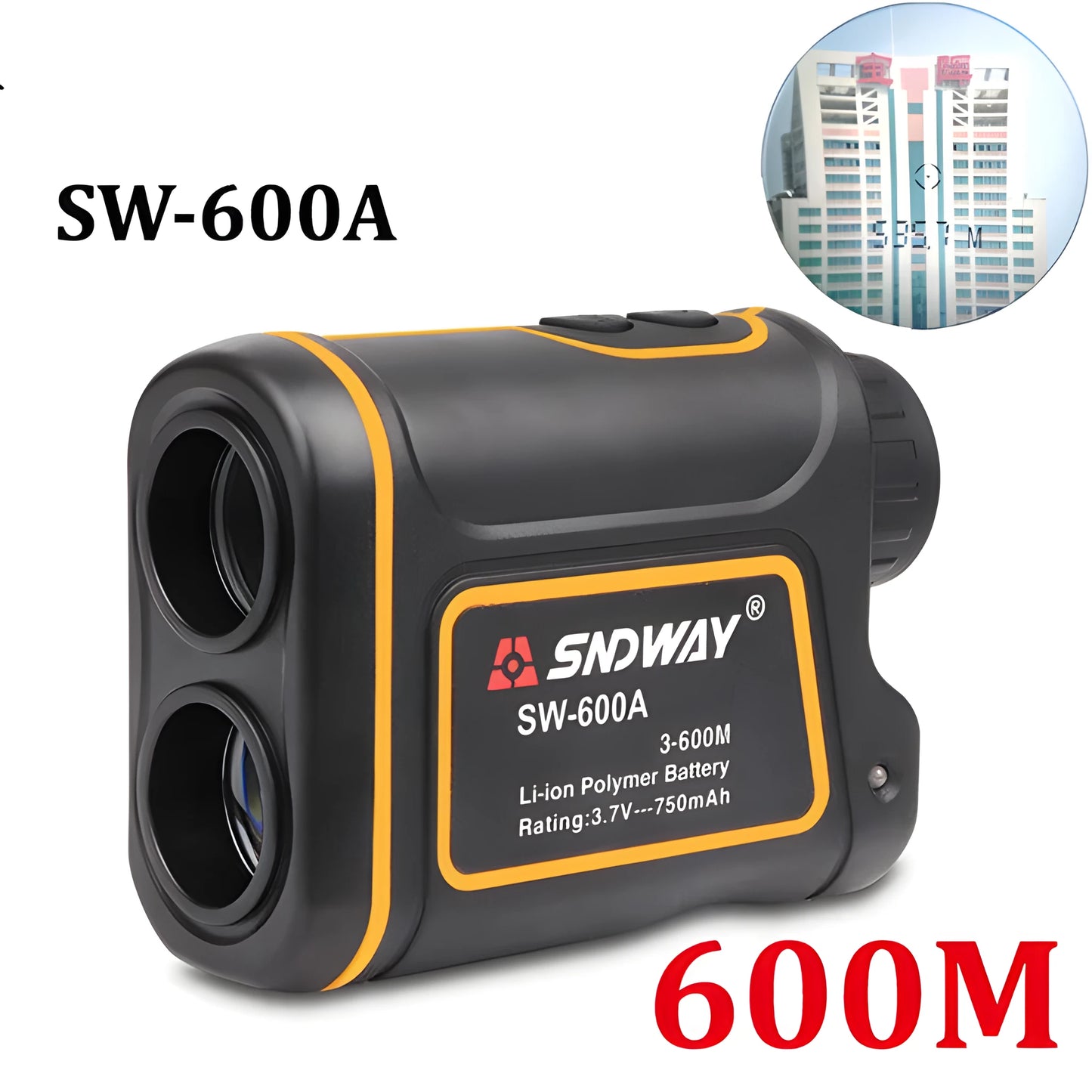 Outdoor handheld golf rangefinder showing compact design with display screen and measurement buttons