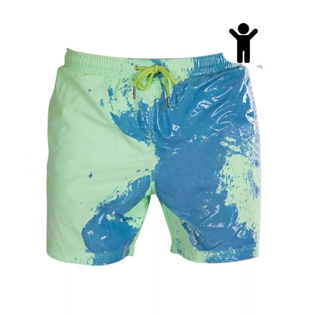 Men's colour-changing beach shorts in various colours, showing quick-dry and water-reactive features