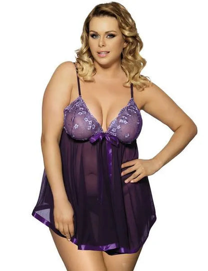 Women's purple lace mesh sling dress lingerie on a hanger