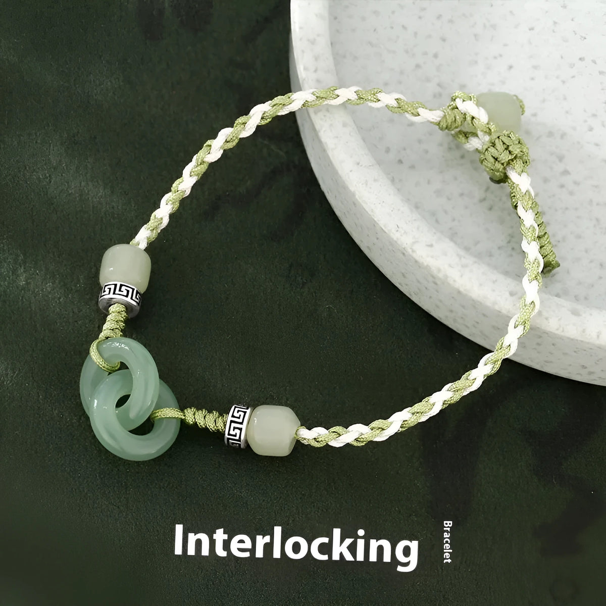 Green jade colour woven women's bracelet with a copper peace buckle and double ring design
