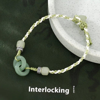 Green jade colour woven women's bracelet with a copper peace buckle and double ring design