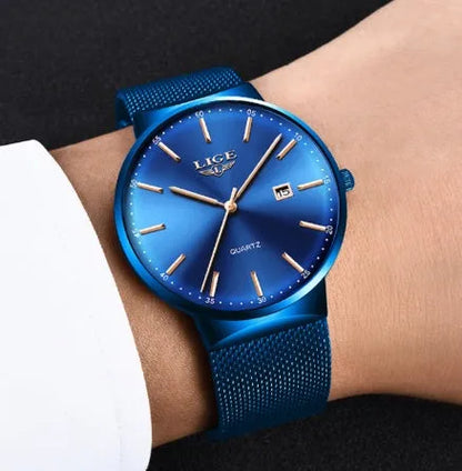 Men's stainless steel watch with 40mm dial on wrist, showing all-black colour option