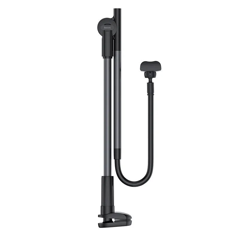 Lazy phone holder in dark grey or silver, aluminium alloy and plastic, clamp width 64-90mm, base clip 90mm.