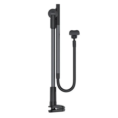 Lazy phone holder in dark grey or silver, aluminium alloy and plastic, clamp width 64-90mm, base clip 90mm.