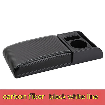 Universal plastic car armrest cover showing height increase with PU leather and carbon fibre surface options