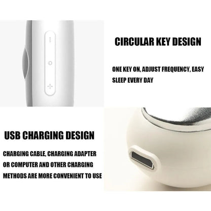Hand-held micro-current sleep aid device in grey, green, or orange with round button and USB charging port