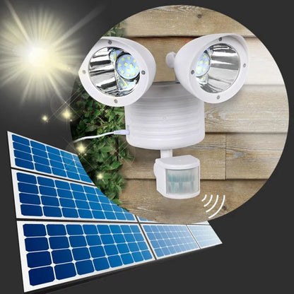 Black and white double head solar security spotlight with motion sensor for outdoor installation