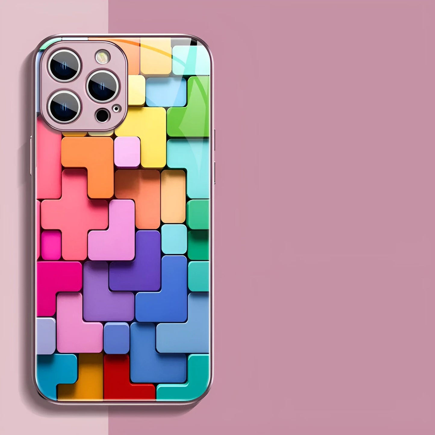 Silicone iPhone case with a colourful cartoon geometric block pattern on the back.