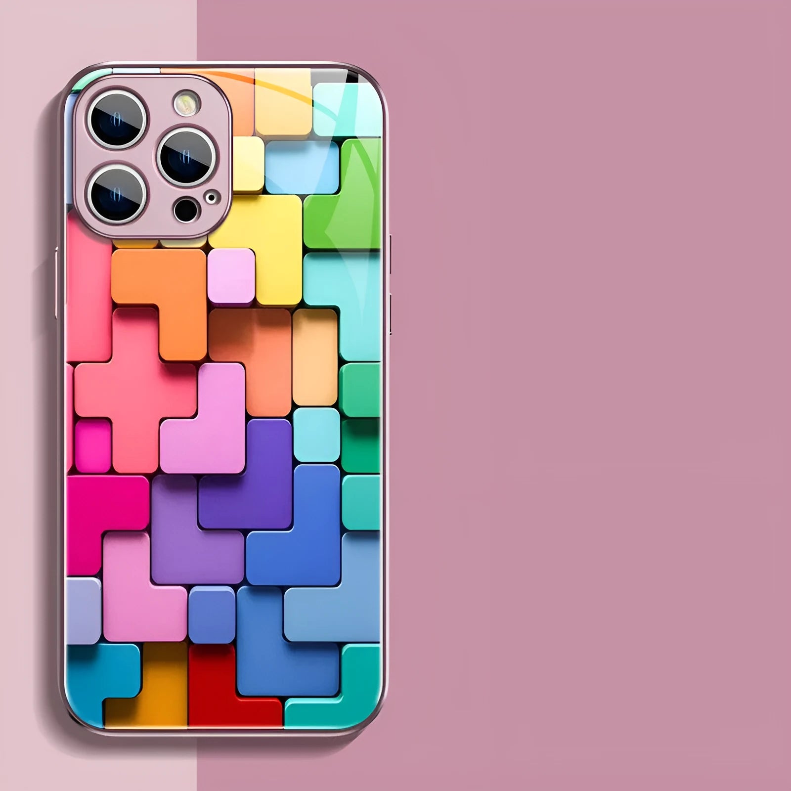 Silicone iPhone case with a colourful cartoon geometric block pattern on the back.