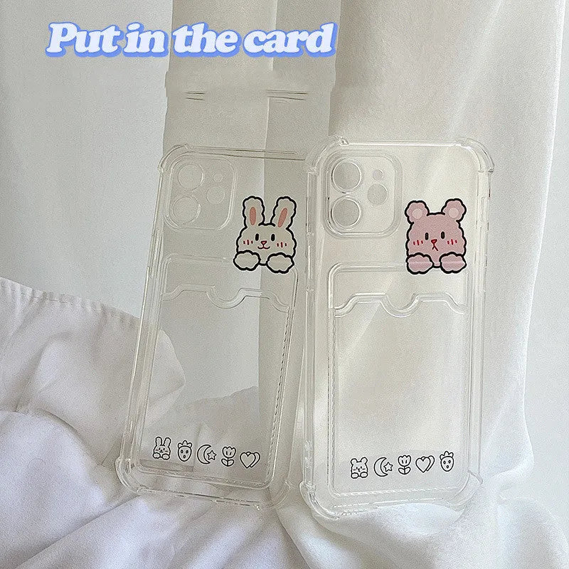 Cartoon design transparent iPhone case with card holder slots showing 2 cards stored