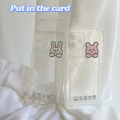 Cartoon design transparent iPhone case with card holder slots showing 2 cards stored