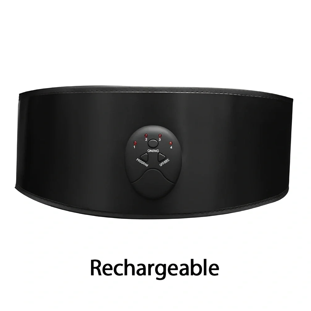 Black abdominal slimming belt with adjustable waist strap showing vibration unit and 10-speed controls